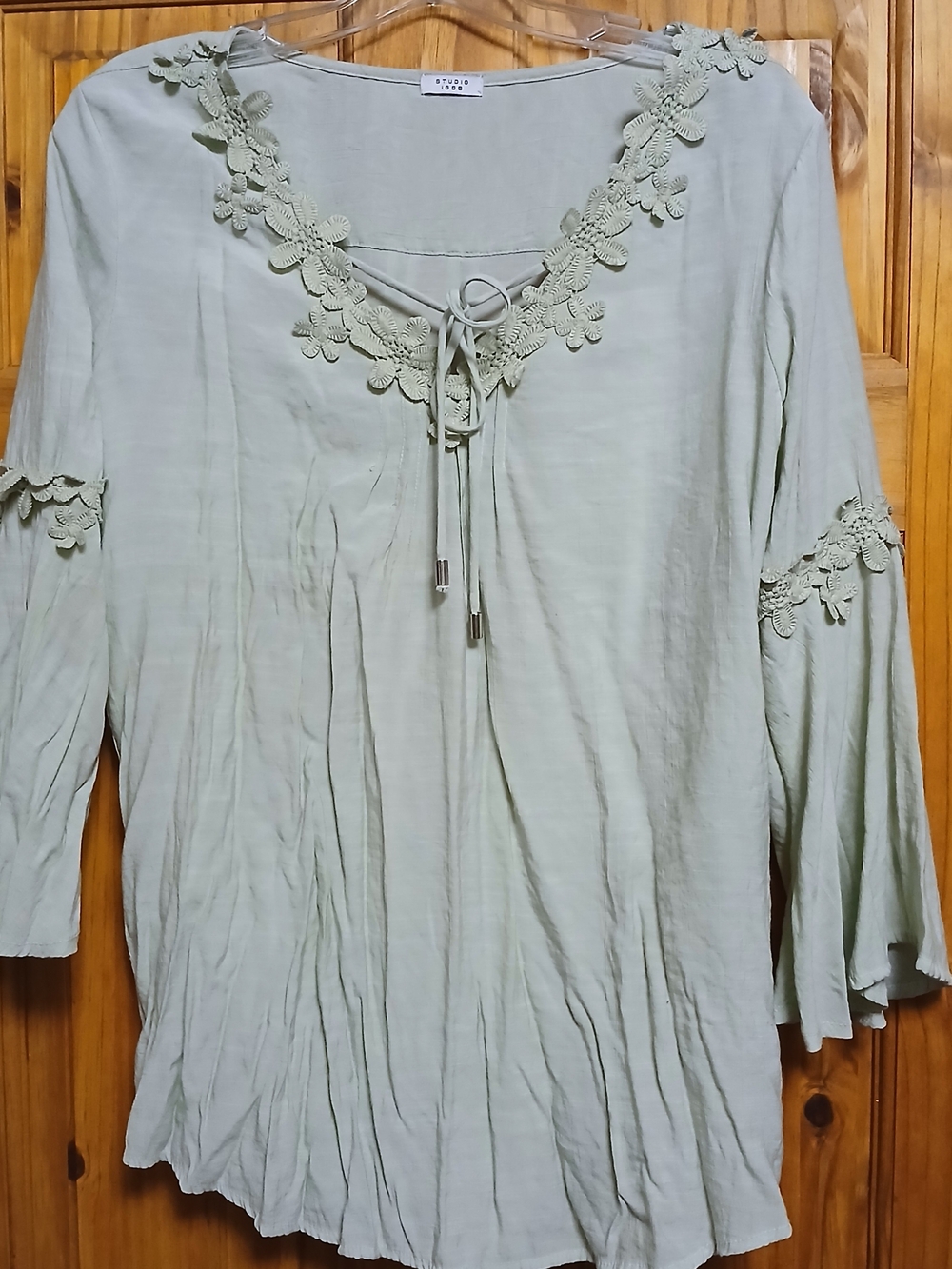 Sage Green Floral Trim Peasant Top